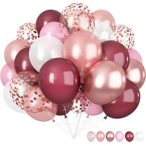 Burgundy Red and Pink Balloons, 60 Pack 12in Rose Gold Wine Red Light Pink White Latex Balloon Metallic Rosegold Confetti Helium Party Balloons for Women Girls Birthday Wedding Anniversary Decorations