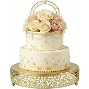 16 Inch Gold Cake Stand,Round Floral Lace Metal Display Tray