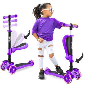 Hurtle 3-Wheeled Scooter for Kids - Wheel LED Lights, Adjustable Lean-to-Steer Handlebar, and Foldable Seat - Sit or Stand Ride with Brake for Boys and Girls Ages 1-14 Years Old (Pink)