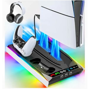 PS5/Slim/Pro Stand for Disc & Digital Console, PS5 Cooling & Charging Station with RGB Lights, PS5 Controller Charger Built-in 3 Level & AUTO Adjustable Fan, PS5/Slim/Pro Accessories Comes 3 USB Ports