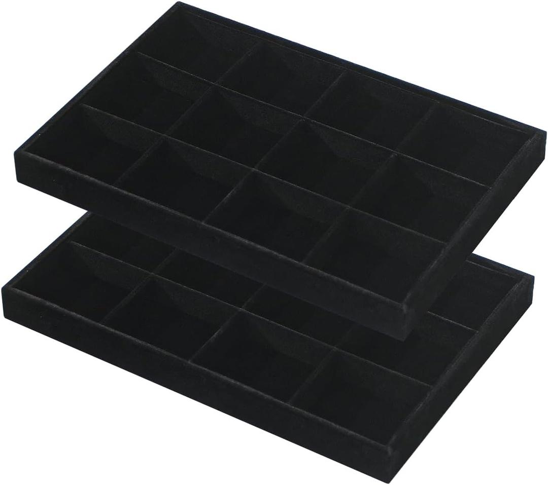 2pcs/Set Velvet Jewelry Tray, 12 Grids Large Storage Tray for Bracelet Bangle Beads Display, Jewellery Organizer Box Tray for Home Drawer or Shop Store Selling Show (Black Velvet)