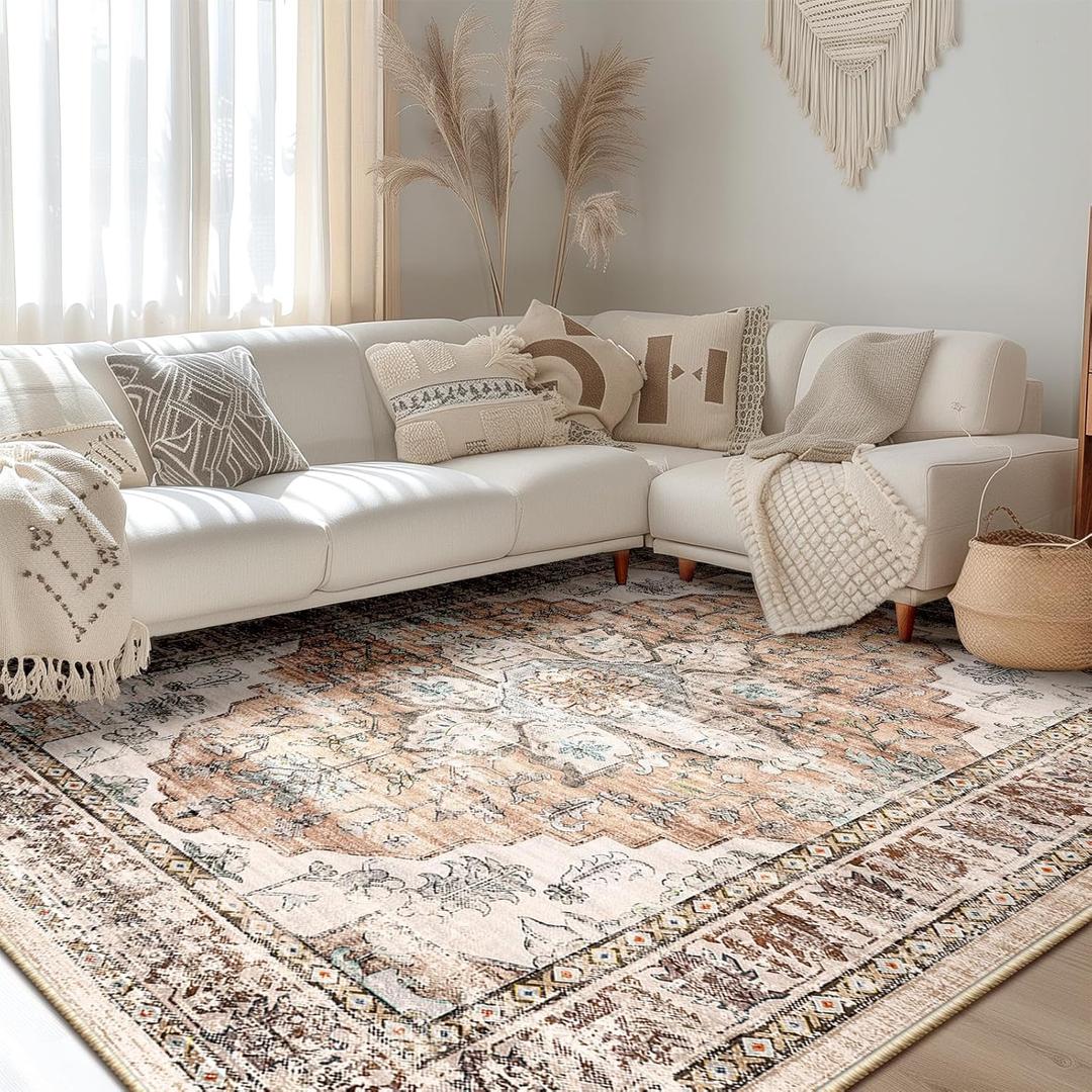 BESTSWEETIE 8x10 Area Rug Washable Rugs for Living Room, No Pile Boho Carpet for Entryway Bedroom Dinning Room, Vintage Carpet Print Distressed Non-Slip, 8 x 10 ft, Orange Pink Brown Earth Tones
