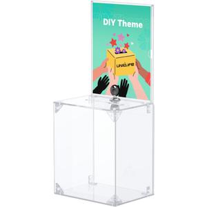 Uniclife Tall Acrylic Donation Box with Lock, 6.7" x 5" x 8", Clear Suggestion Box with Slot and Lock, Ballot Box with Sign Holder, Plastic Raffle Box Storage Container for Fundraising Voting Charity