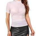 SEBOWEL Women Rhinestone Top Short Sleeve Sheer Mesh Tops Bodycon Glitter Sparkle Shirred Ruched Sheer See Through Blouse, White, XXL
