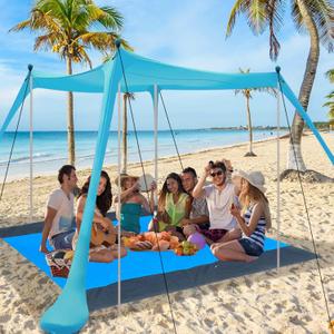 Beach Canopy Beach Tent Sun Shelter 11X11 FT Include Blanket Beach Shade Canopy UPF50+ Sun Protection Windproof Ropes 4 Poles Carry Bag Easy to Set Up for Outdoor Camping