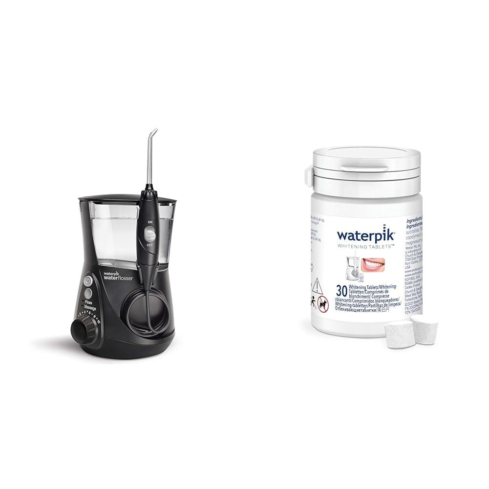 Waterpik Aquarius Water Flosser with 10 Settings, 7 Tips, ADA Accepted Black WP-662 Bundle with Waterpik Fresh Mint Whitening Refill Tablets 30 Count WT-30