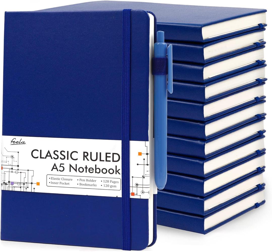 12 Pack Notebooks Journals Bulk with 12 Black Pens, Feela A5 Hardcover Notebook Classic Ruled Journal Set with Pen Holder for School Business Work Travel Writing, 120 GSM, 5.1x8.3, Navy