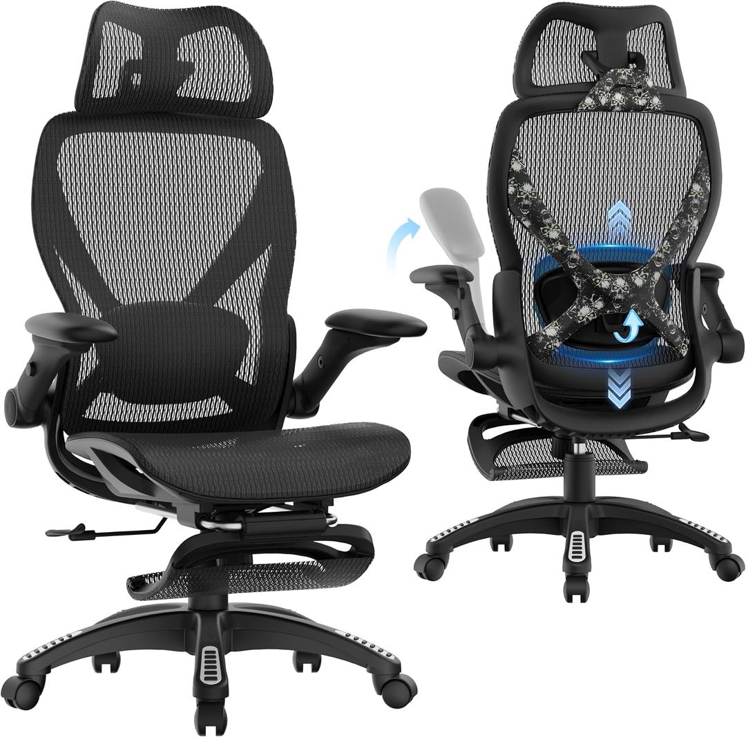 X100 Ergonomic Mesh Office Chair with Footrest, Big and Tall Home Desk Chair with 5D Flip-Up Arms, Adjustable 3D Lumbar Support, Gaming & Executive Computer Chair (Night Reaper), 
Product Dimensions	26"D x 24"W x 41"H
Item Weight	49.5 pounds