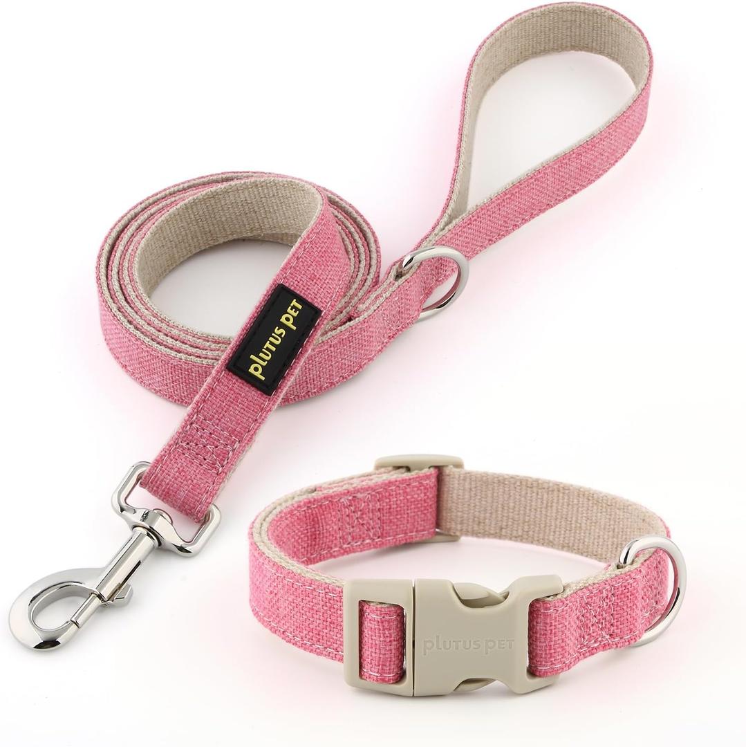 Plutus Pet Cotton Hemp Dog Collar and Leash Set, Adjustable Collar for Small, Medium, and Large Dogs, Heavy Duty and Soft on Skin, Hot Pink, XS
