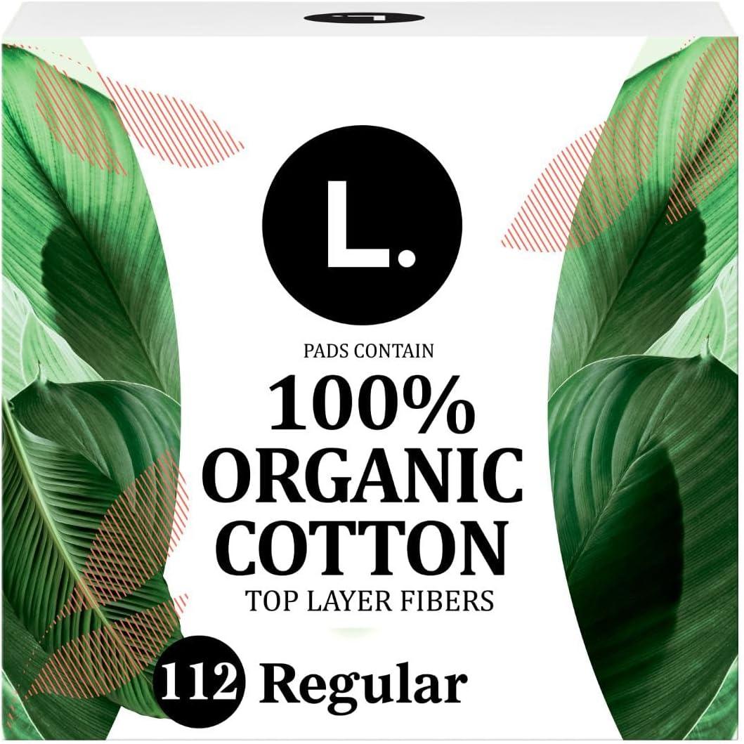 L. Ultra Thin Pads for Women, Regular Absorbency, Organic Cotton Top Layer, Unscented Pads with Wings, 112 Count (4 Packs of 28)