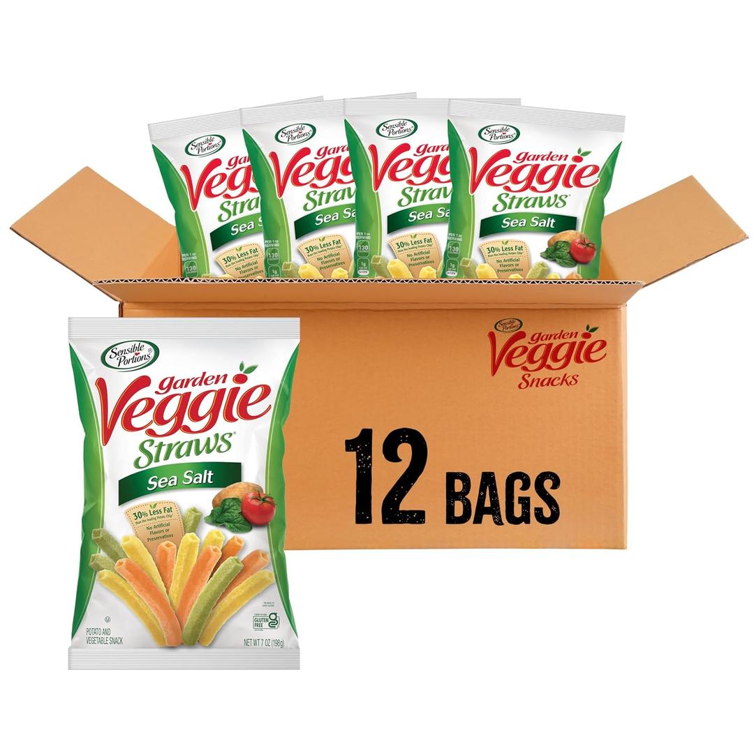 Sensible Portions Veggie Straws, Sea Salt Flavor, Gluten-Free Chips, 7 Ounce Bag, 12-Pack (EXP 07/22/26)