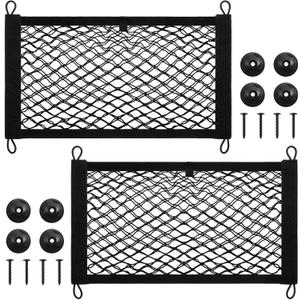 Frienda 2 Pieces Stretchable Small Cargo Net Pocket Storage Mesh Net Elastic Automotive Storage Pouch with 8 Pieces Mounting Screws and Hooks for Truck Car SUV Boats(21 x 9.8 Inches)