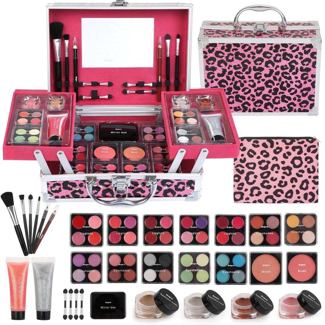 Anpro All-In-One Leopord Double Folding Makeup Kit with Case, Pro Teen Makeup Set, Full Starter Kit with Makeup Brushes, Lipsticks, Eyeshadow Palette, Blushes, Glitter Gel, Ideal Present for Girls (Pink)