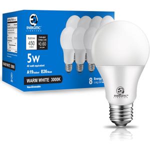 E ENERGETIC LIGHTING 40W Equivalent A19 LED Light Bulb, Warm White 3000K, E26 Standard Base, ETL Listed, 5W 450lm Non-Dimmable LED Light Bulb, 8 Packs