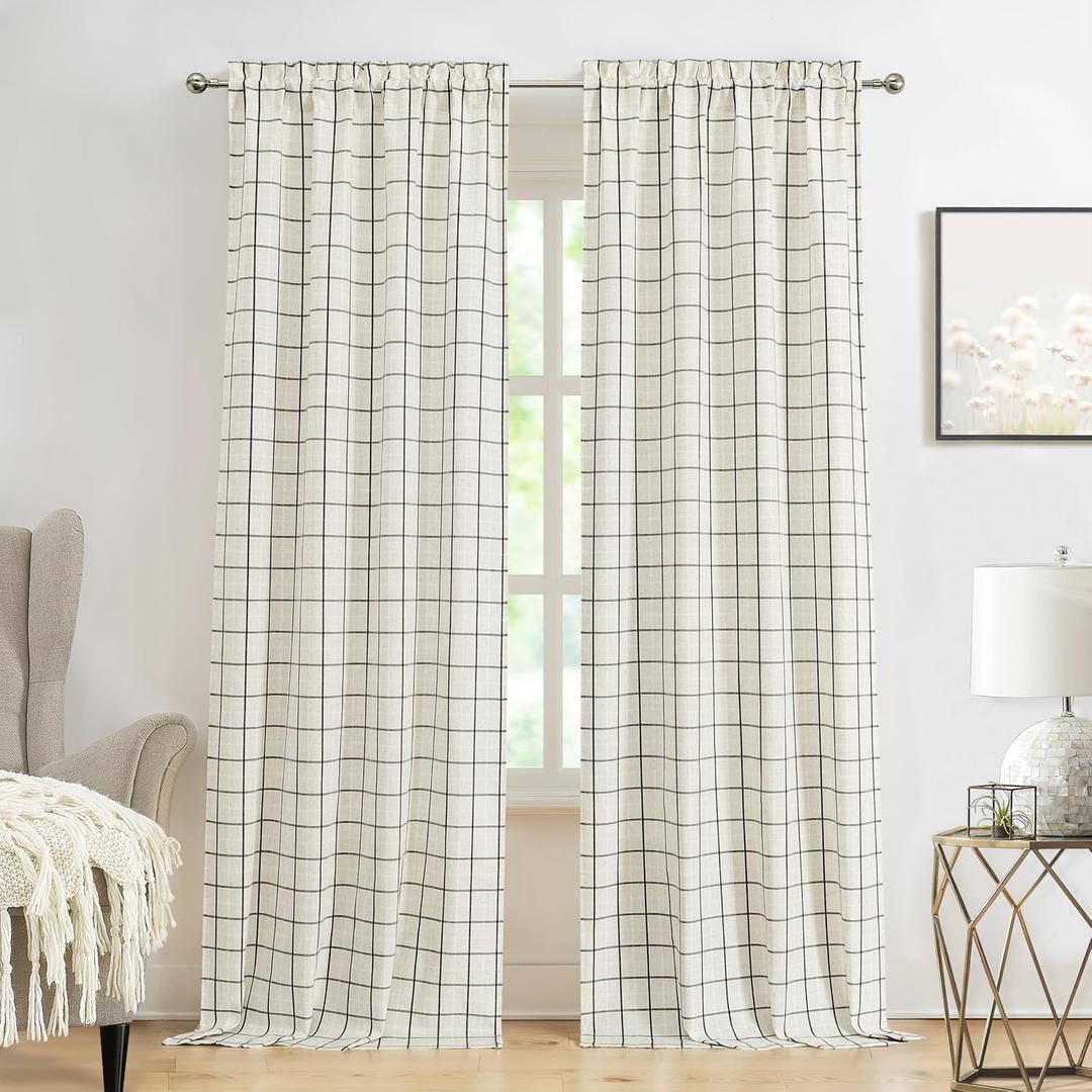 Amzdecor Buffalo Plaid Window Treatment Set,Light Filtering Curtain Woven Lines Pattern Drapes for Living Room and Bedroom, Semi Sheer Rod Pocket Modern Farmhouse Style 2 Panels 40"x95"x2, Beige & Black