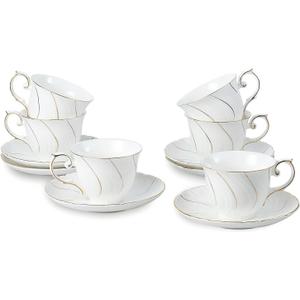 Agyiuns Tea Cups Set Of 6, Tea Cup And Saucer Set,6oz for Tea,Coffee, Latte, Cafe Mocha, Porcelain Tea Party Set (White with gold thread set of 6)