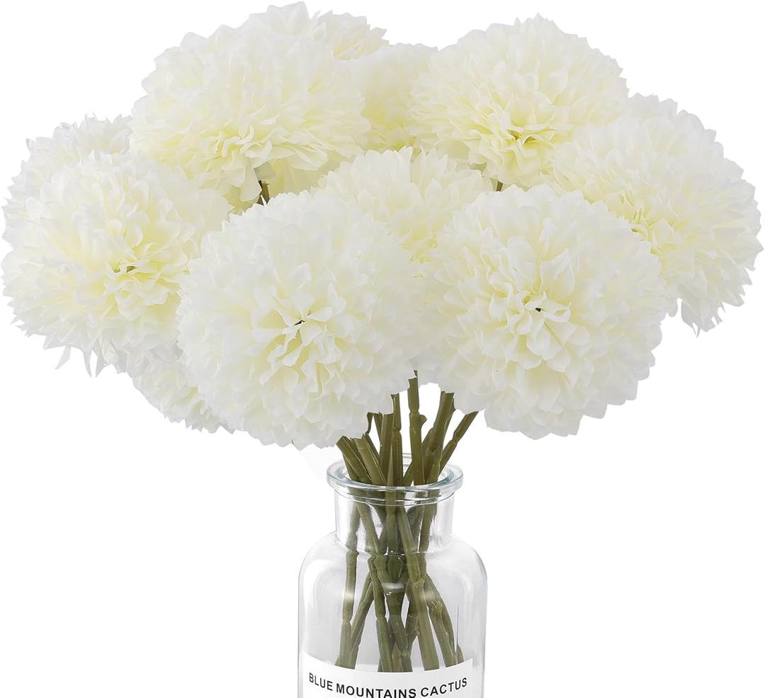 Rowfad 12 Pcs Artificial Chrysanthemums Flowers Silk Ball White Flowers Fake Mums Spring Flowers for Valentines Day Wedding Home Decor (12, White)