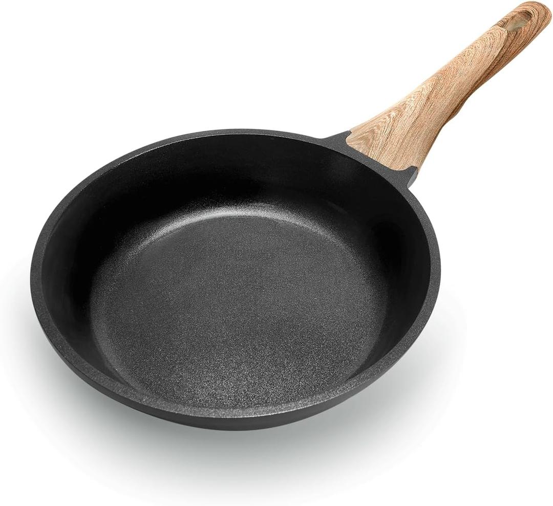 ZHANG XIAO QUAN SINCE 1628 Cast Aluminum Nonstick Frying Pan 8 Inches with Non-Toxic Coating, Skillet with Bakelite Wood Grain Handle, Omelet Pan Even Heating Cookware, PFOA/PFOS Free, Black (8'')