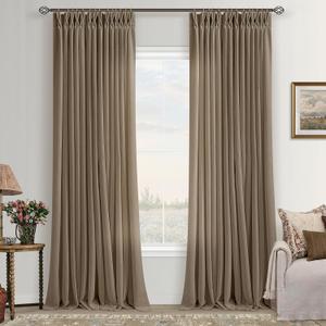 Pinch Pleated 90 Inch Curtains for Living Room Dark Brown Flax Linen Curtains 90 Inches Long Pinch Pleat Drapes Back Tab Boho Farmhouse Light Filtering Semi Sheer for Bedroom Dining Office