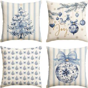 AVOIN colorlife Blue Stripe Christmas Tree Balls Bow Throw Pillow Cover, 18 x 18 Inch Seasonal Snowflake Winter Holiday Cushion Case Decoration for Sofa Couch Set of 4
