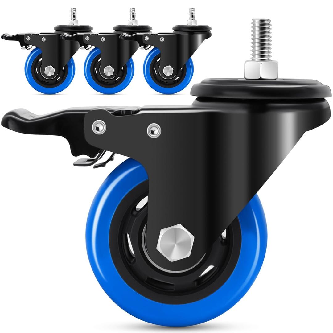 Stem Caster Wheels 3 Inch,Heavy Duty Threaded Stem Casters, 3/8"-16 x 1 (Screw Diameter 3/8", Length 1") Swivel Casters Set of 4 with Safety Dual Locking Wheel for Furniture and Cart