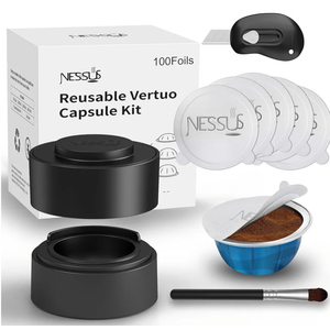 Nessus Reusable Kit for Nespresso Pods Vertuo, Reuse Old Coffee Pods for Nespresso Vertuo: 100 Pcs Aluminum Foil Seal Lid, Holder, Brush, Refillable Vertuo Plus Next Capsule Machine(No Pods Come)