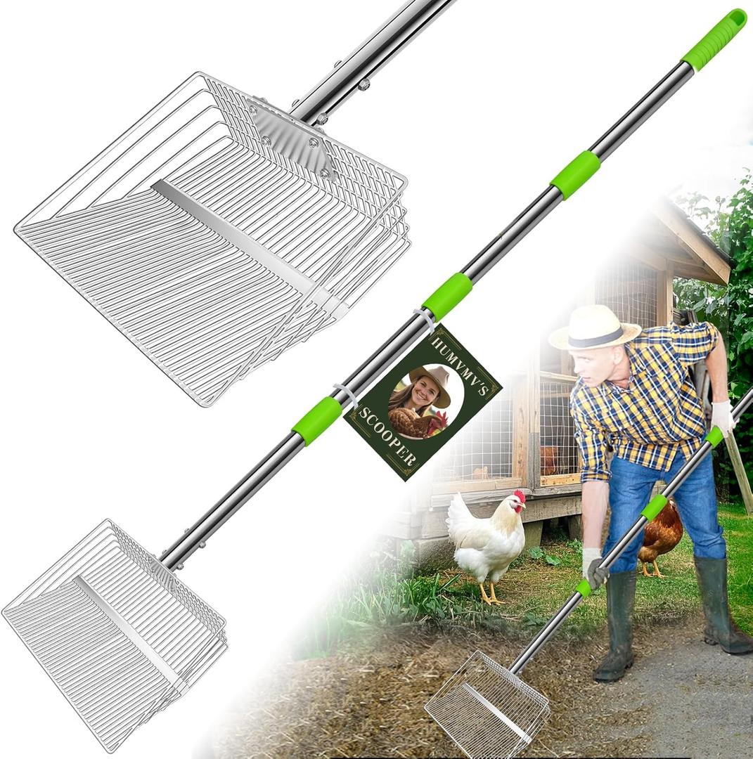 12inch Large Chicken Poop Scooper, 2 Widths of Slots Chicken Coop Litter Scoop with Stainless Steel Handle - 23" to 66", 4 in 1 Litter Sifting ShovelHeavy Duty Chicken Coop Accessories
