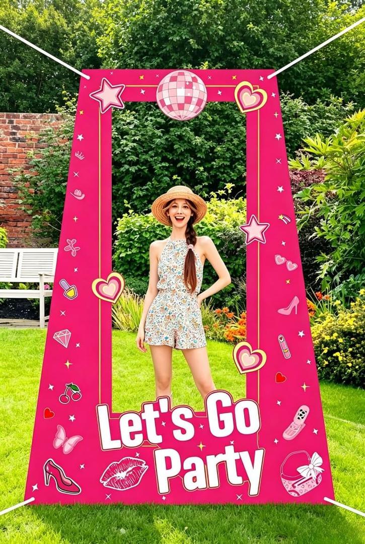 Tall Life Size Hot Pink Girls Photo Booth for Girls Birthday Party Photoshoot Princess Doll Let's Go Bachelorette Theme Party Decorations Girl Birthday Party Supplies Favors (4.9 Ft x 3.2 Ft)