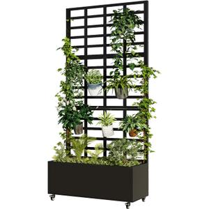 Metal Planter Box with Trellis for Climbing Plants, 74.8"x35.83"x15.16" Raised Garden Bed with Privacy Screen, Outdoor Planter with Drainage Holes, Black Metal Planter Box with Trellis for Climbing Plants, 74.8"x35.83"x15.16" Raised Garden Bed with Privacy Screen, Outdoor Planter with Drainage Holes, Black