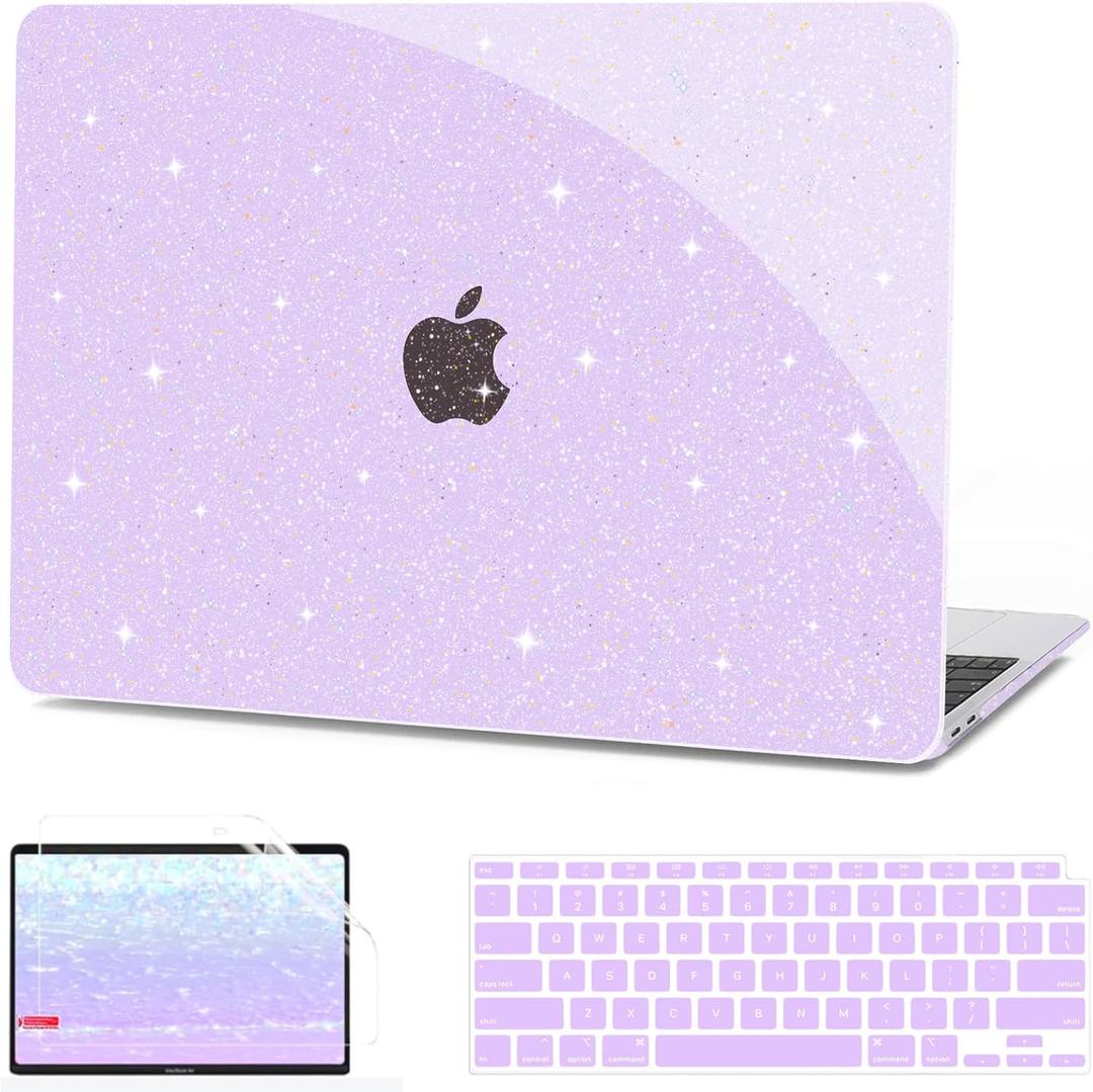 G JGOO Compatible with MacBook Air 13 Inch Case 2022 2021 2020 2019 2018 Release M1 A2337 A2179 A1932 Touch ID, Glitter Plastic Hard Shell Case + Keyboard Cover + Screen Protector, Sparkly Purple