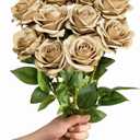 LFF 10Pcs Light Brown Rose Artificial Flowers, Faux Silk Roses with 21.2" Long Stems & 2.36" Large Blooms, Lifelike Fake Roses for DIY Wedding Bouquet Home Party Vase Filler Table Centerpiece Decor
