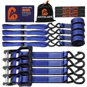 A ANTELOPE Ratchet Tie Strap Set of 4-5250 LBS Breaking Strength, 1.5" x 8' Ratchet Straps with 4 Soft Rings, Coated S-Hooks, and Soft Padded Handles for Secure Motorcycles, Trucks, Trailers (Blue)