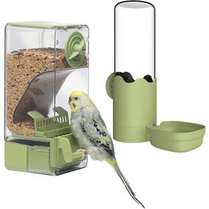 Bird Feeder Water Dispenser Set, Automatic Cage Feeder with Perch for Seed Parakeet Canary Cockatiel Finch Budgies Cage Accessories (Green)