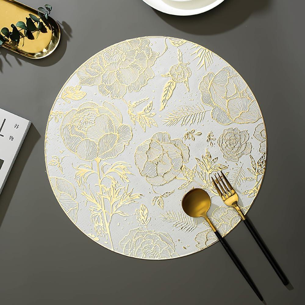 Pigchcy Gold Round Placemats Set of 8 Metallic Rose Pressed Vinyl Dining Table Mats Farmhouse Kitchen 15inches Table Setting Centerpiece Decoration