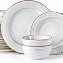GBHOME Ceramic Dinnerware Sets, 24 pcs Embossed Elegant Stoneware Plates and Bowls Sets, Housewarming Wedding Gift | Dishwasher & Microwave Safe | Dishes Set Service for 8 (Pearl White-Wave)
