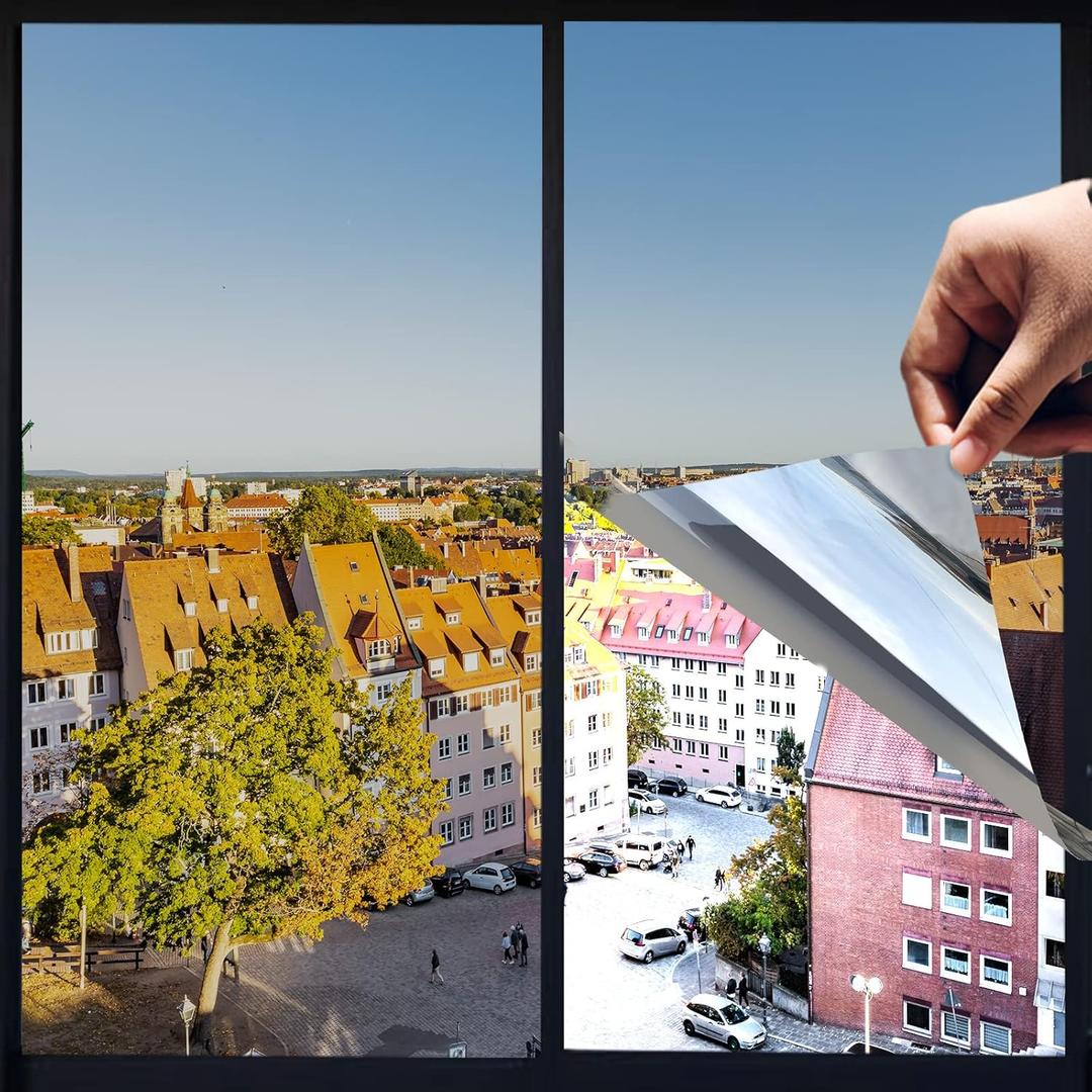 Window Privacy Film, Window Tint Sun Blocking Heat reducing and UV Protection, one-Way Privacy Mirror Reflective Film,Explosion-Proof Premium PET Material,Moon Silver,23.6 Inch x 16.4 Feet