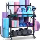 VEVOR Yoga Mat Storage Rack, Home Gym Workout Equipment Organizer, Powder Coated Finish Steel Yoga Mat Holder with Hooks & Wheels, Weight Rack for Dumbbell, Kettlebell, Foam Roller, and Yoga Strap (30.5inch)