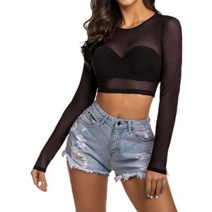 Avidlove Women's Mesh Tops Long Sleeve See Through Tee Shirt Crop Sheer Blouse Sexy Clubwear XS-4XL (Black, XS)