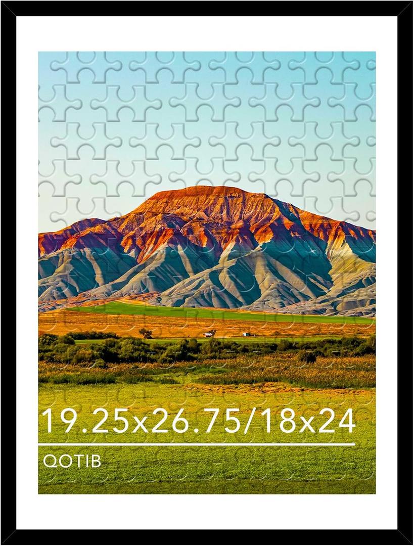 Wood 19.25x26.75 Puzzle Frame with 18x24 Mat Black, Display 18x24 with Mat or 19.25x26.75 Without Mat, Wood 19.25 by 26.75 Photo Frame, 19.25 x 26.75 Picture Frame for Wall Hanging Display, Black