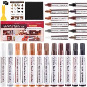 DEWEL Wood Furniture Markers & Filler Sticks Repair Kit, New Improved 12 Colors Touch Up Markers and Crayons - Covering Damaged Wooden Surfaces and Floors, for Pets Scratches, Stains, Cracks and Dents (Black, Gray, Maple, Oak, Cherry, Walnut, Mahogany, White, Chestnut, Burnt Sienna, Espresso, Bamboo)