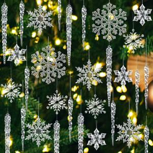 FOIMAS 48pcs Christmas Snowflake Icicle Ornament,Large Acrylic Icicle Snowflake Drop Hanging Ornaments with Silver String for Christmas Tree Home Decoration (Clear)
