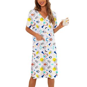 YYA Loose Nightgowns for Women Short Sleeve Sleepwear V Neck Nightshirt with Pockets Soft Pajama Dress White Print S (White, S)