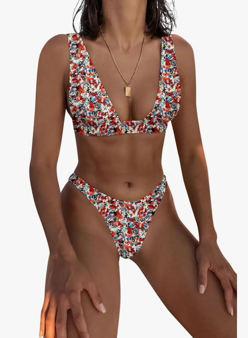 Bathing Suits for Women Deep V Neck Sexy Two Piece Bikini Sets for Women Thong Halter Cheeky Swimsuit Size S/M