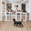 Dog Gate Freestanding Dog Fence Indoor with Door Foldable, Wooden Dog Gate for The House, Doorway, Stairs, Pet Gate Puppy Safety Fence, Support Feet Included, 32" Height, 6 Panels, White