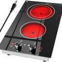 Zarbaco 2 Burner Electric Cooktop 120V, 1800W Radiant Electric Stove Top with Countertop & Built-in Design, 12 inch Knob Control Ceramic Cooktop with Safety Lock, 9 Level Power, 99 Min Timer - Plug in