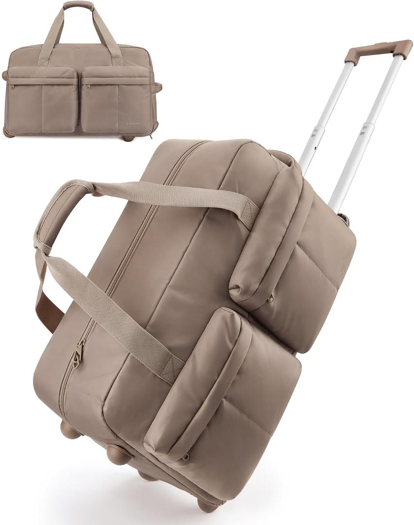 BAGSMART Rolling Duffle Bag with Wheels, Carry On Bag Duffel Bag for Travel, Wet Pocket Duffle with Wheels and Handle, Brown, 42L