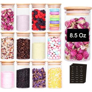 10 Pcs Glass Spice Jars - 8.5oz Empty Small Glass Bottles with Bamboo Airtight Lids and Labels - Thicken Seasoning Spice Containers for Kitchen Organization and Storage