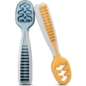 NumNum Baby Spoons Set, Baby Essentials Pre-Spoon GOOtensils for 6+ Months, First Stage Self-Feeding Spoons for Baby Led Weaning (BLW), Silicone Toddler Utensils, BPA-Free, 2 Pack Blue/Orange