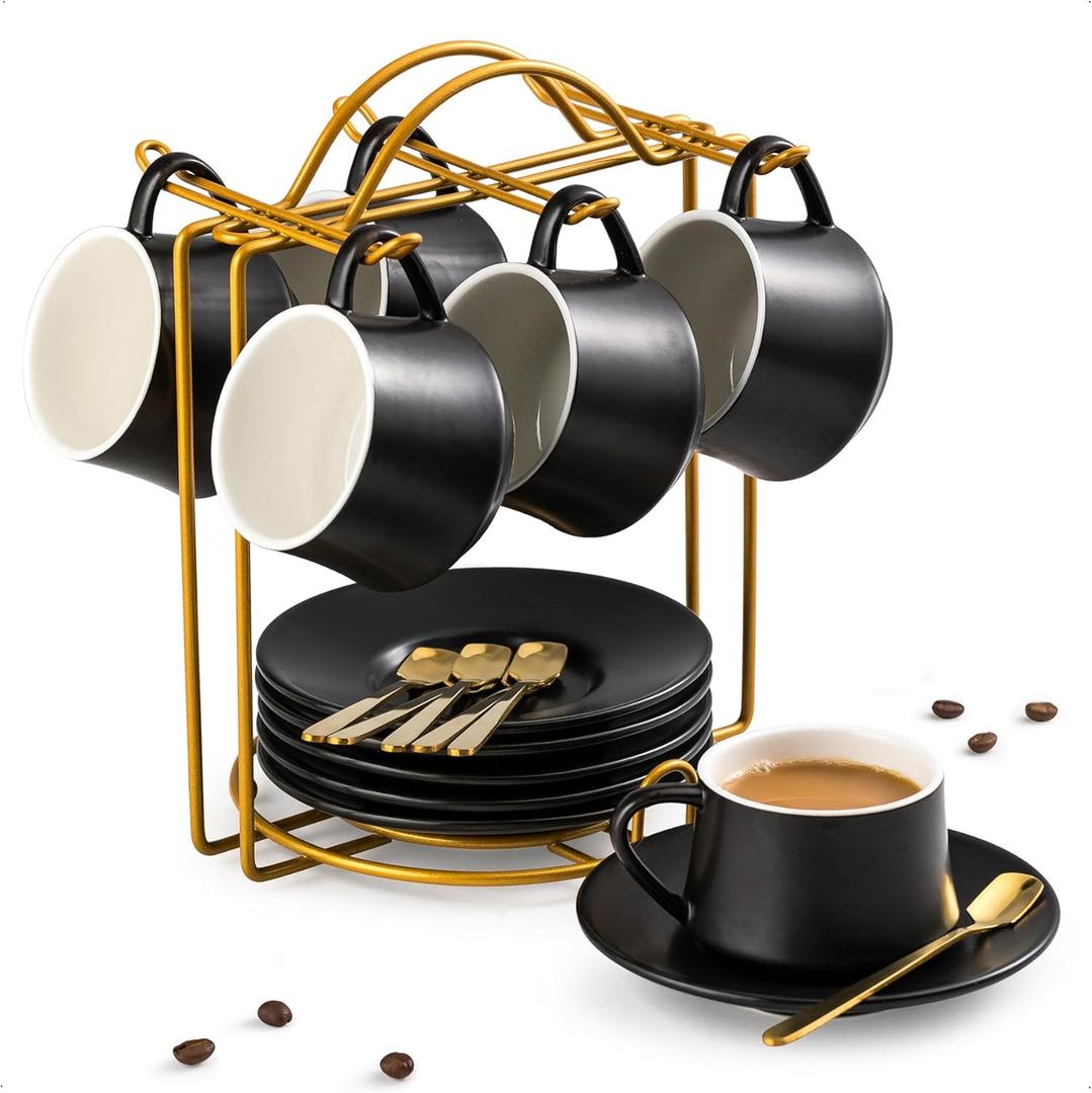 YHOSSEUN Ceramic Espresso Cups Set of 6, 4 Oz Espresso Shots Cup with Stand, Saucers & Spoons, Small Coffee Espresso Cup Demitasse Cups, Black