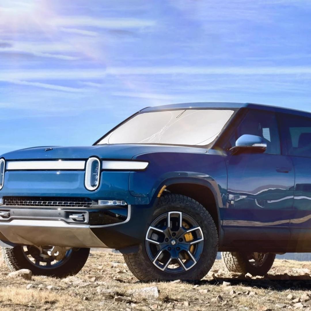 Custom Fit Rivian R1T Windshield Sunshade for 2022-2023 2024 2025 Rivian R1S/R1T Accessories Front Window Sun Shades Shield Cover for Windshield Foldable 210T Sun Visor Protector Blocks UV Ray